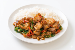 Thai Basil Crispy Pork Rice + Egg