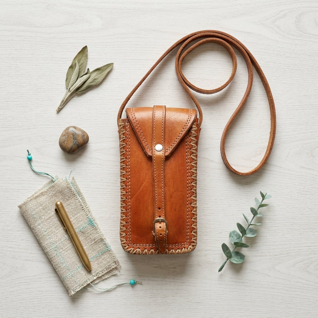 Reddish leather phone case by Ntate Mokete