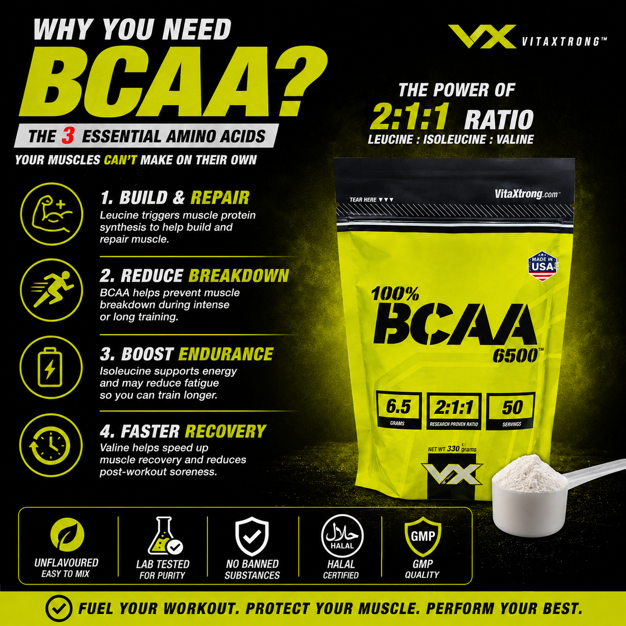 VITAXTRONG™ 100% BCAA 6500 Pure Powder (330g | 50 Servings) | 6,500mg BCAA 2:1:1 • Muscle Recovery, Endurance & Anti-Catabolic Support [VX]_1