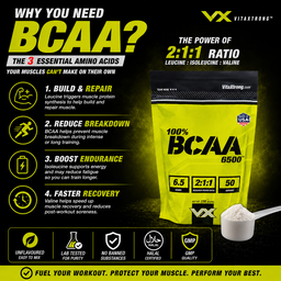 VITAXTRONG™ 100% BCAA 6500 Pure Powder (330g | 50 Servings) | 6,500mg BCAA 2:1:1 • Muscle Recovery, Endurance & Anti-Catabolic Support [VX]