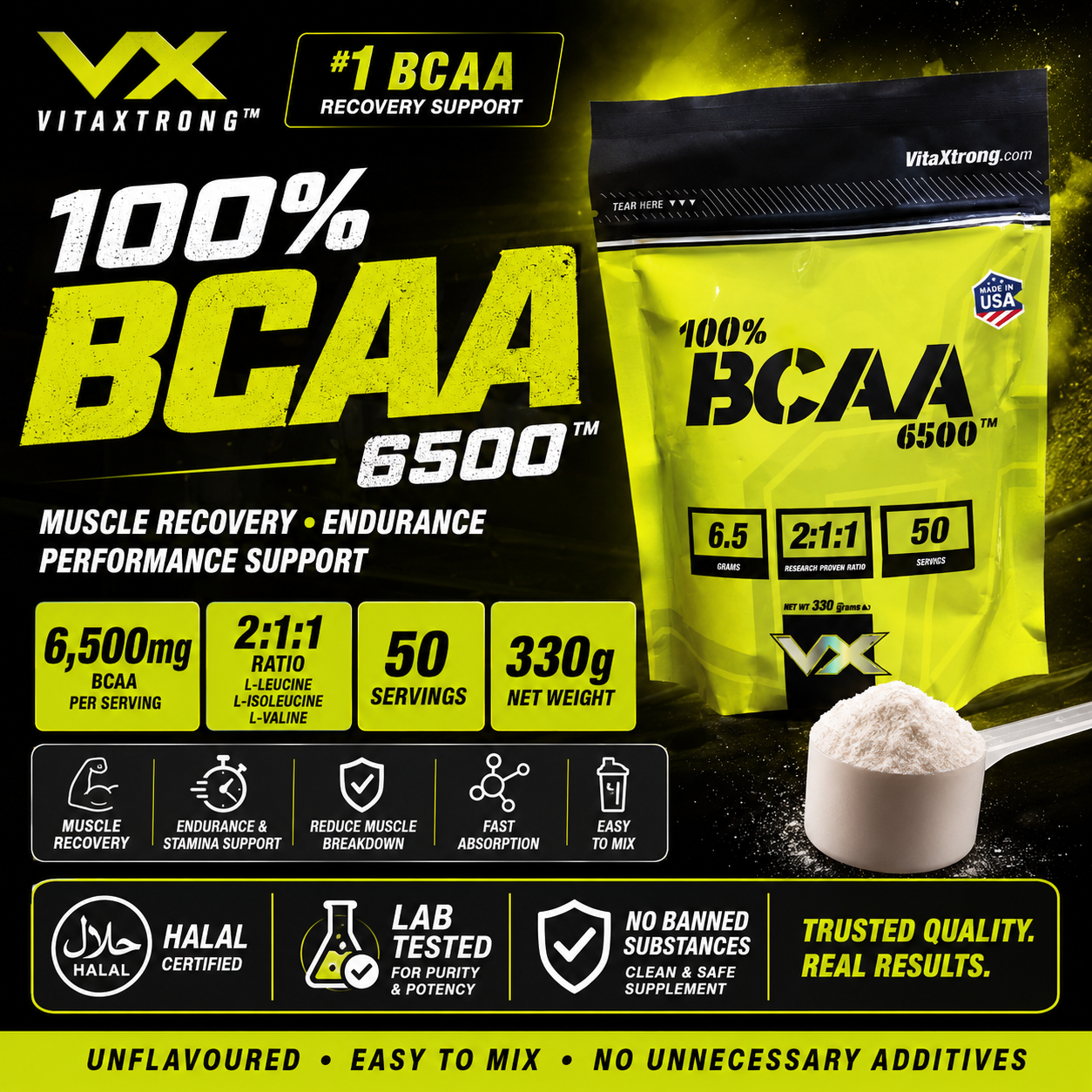 VITAXTRONG™ 100% BCAA 6500 Pure Powder (330g | 50 Servings) | 6,500mg BCAA 2:1:1 • Muscle Recovery, Endurance & Anti-Catabolic Support [VX]_0