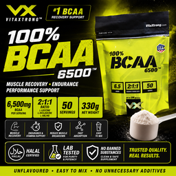 VITAXTRONG™ 100% BCAA 6500 Pure Powder (330g | 50 Servings) | 6,500mg BCAA 2:1:1 • Muscle Recovery, Endurance & Anti-Catabolic Support [VX]