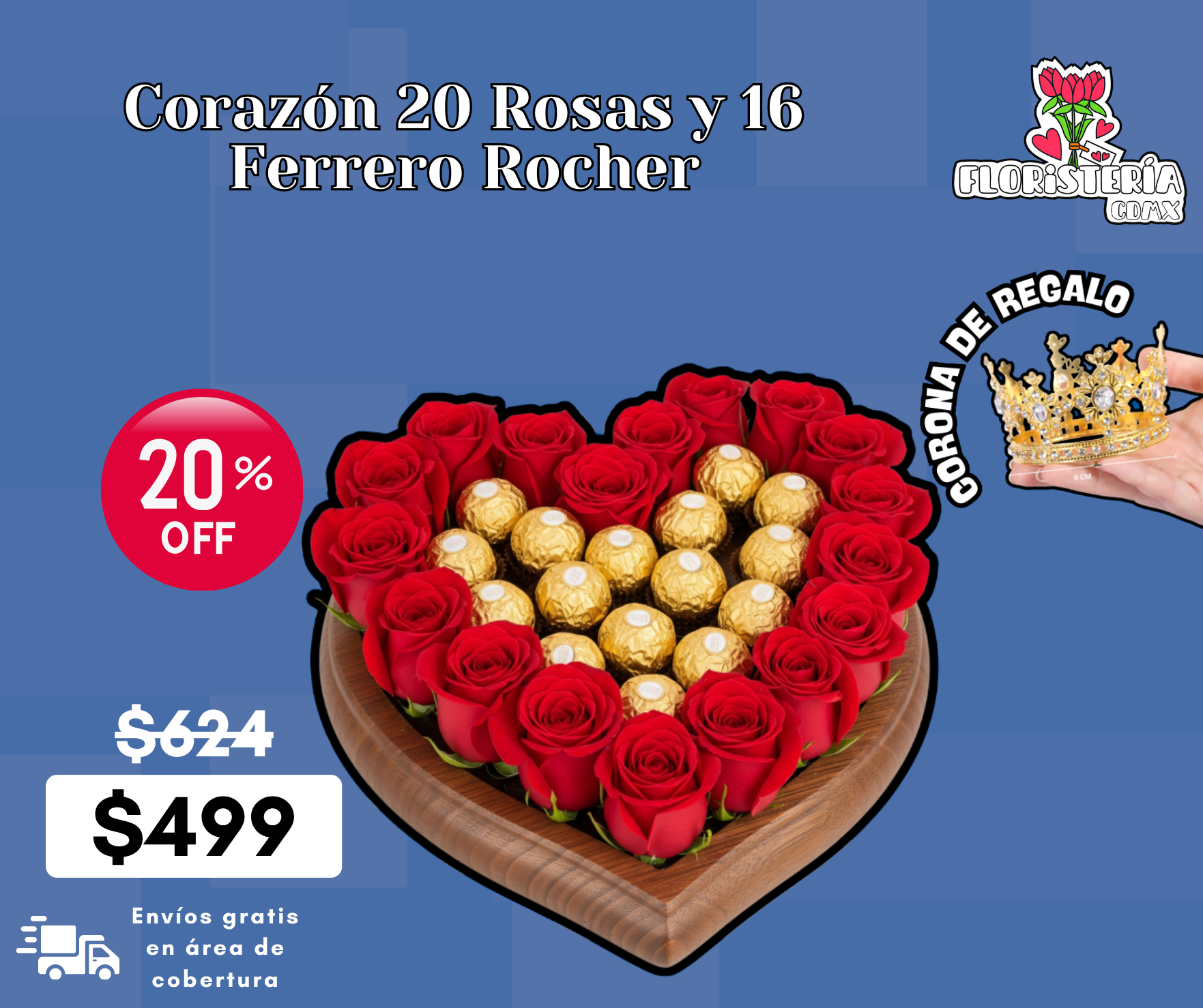 Corazón 20 Rosas y 16 Ferrero Rocher_0