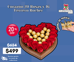 Corazón 20 Rosas y 16 Ferrero Rocher