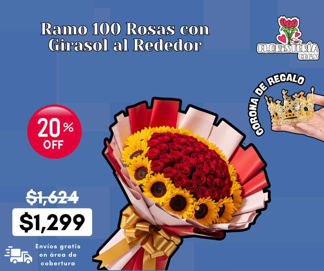 Ramo 100 Rosas con Girasol al Rededor