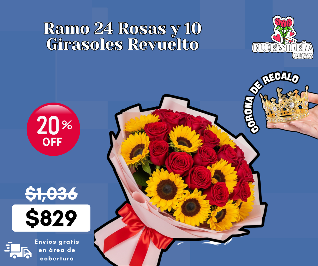 Ramo 24 Rosas y 10 Girasoles Revuelto