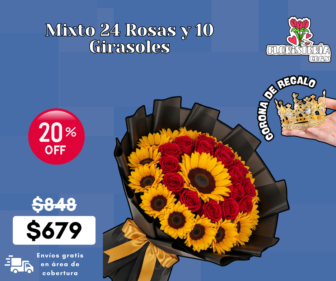 Mixto 24 Rosas y 10 Girasoles