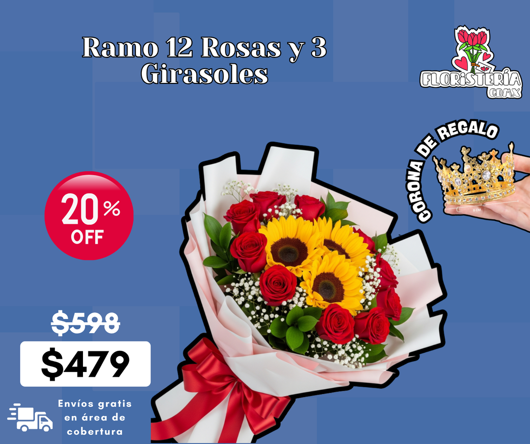 Ramo 12 Rosas y 3 Girasoles