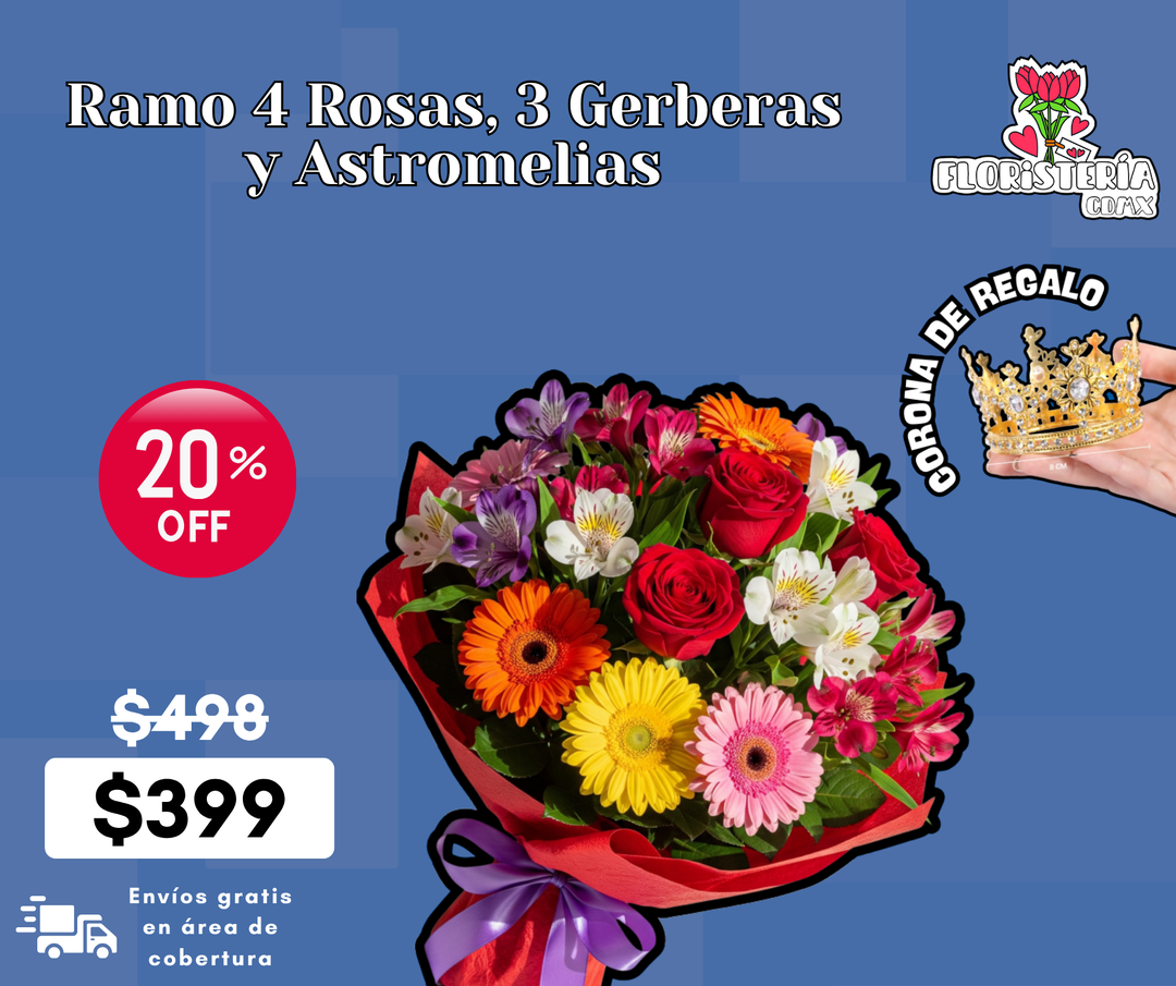 Ramo 4 Rosas, 3 Gerberas y Astromelias