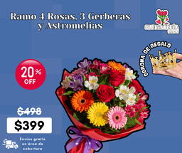 Ramo 4 Rosas, 3 Gerberas y Astromelias
