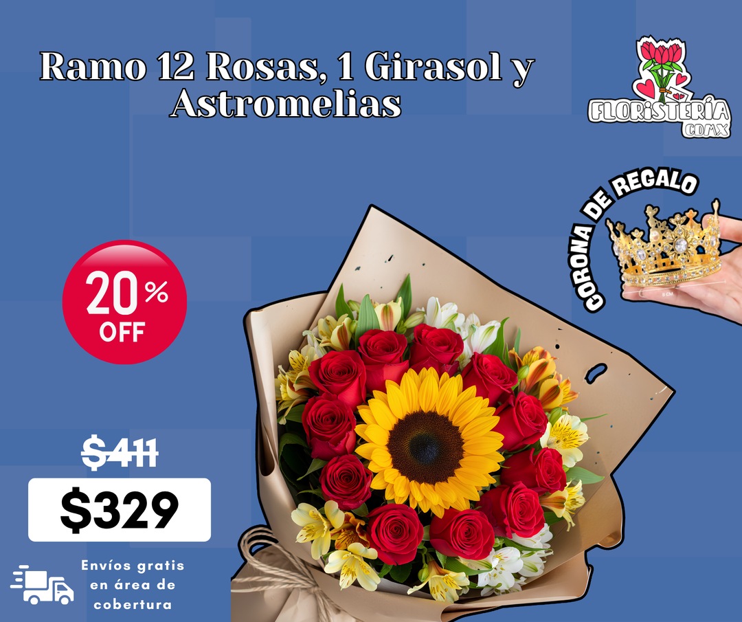Ramo 12 Rosas, 1 Girasol y Astromelias