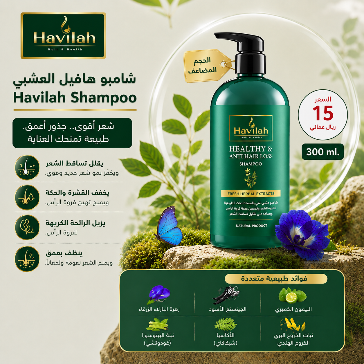 شامبو هافيلا لعلاج القشرة وتساقط الشعر الحجم المضاعف 
  Havilah Shampoo – Anti-Hair Loss & Hair Growth 300 ml_0