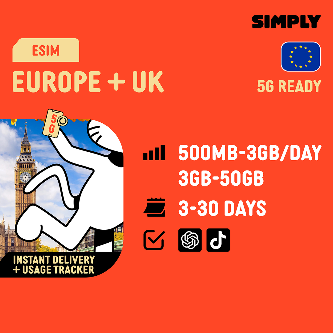 SIMPLY Europe (39 European Country) eSIM | Up to 30 Days - Total 3GB-50GB+ Unlimited Data