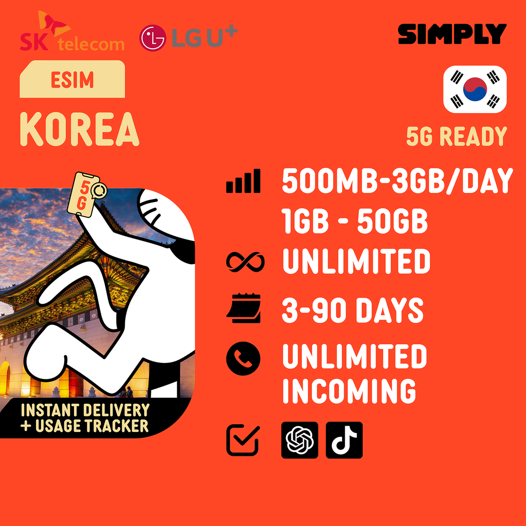 SIMPLY South Korea eSIM | Up to 30 Days - Total 3GB-50GB+ Unlimited Data