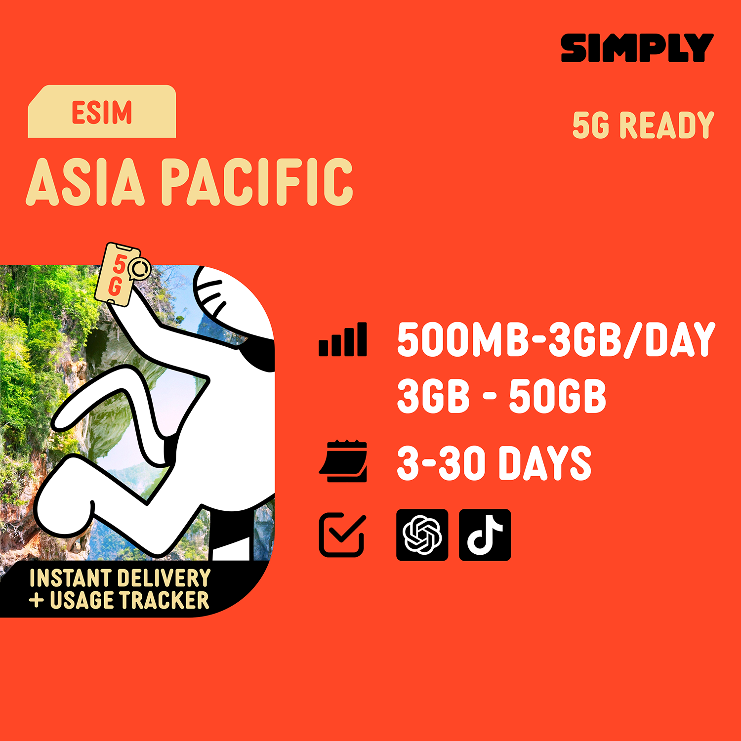 SIMPLY Asia Pacific (15 Countries) eSIM | Up to 30 Days - Total 3GB-50GB + Unlimited Data_0