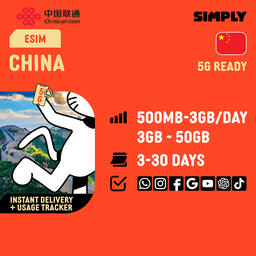 SIMPLY China eSIM | Up to 30 Days - Total 3GB-50GB + Unlimited Data