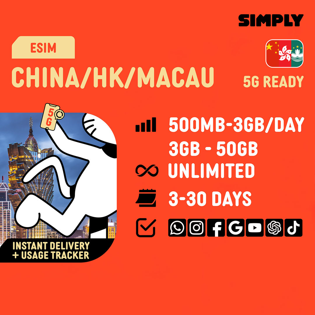 SIMPLY China + Hongkong + Macau eSIM | Up to 30 Days - Daily 500MB-3GB + Unlimited Data