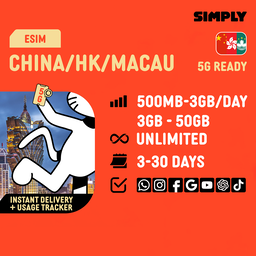 SIMPLY China + Hongkong + Macau eSIM | Up to 30 Days - Daily 500MB-3GB + Unlimited Data