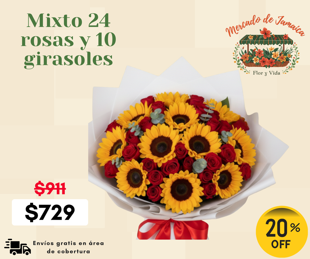 Mixto 24 rosas y 10 girasoles
