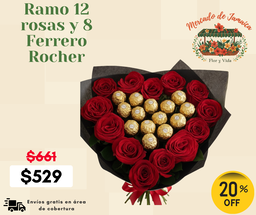 Ramo 12 rosas y 8 Ferrero Rocher