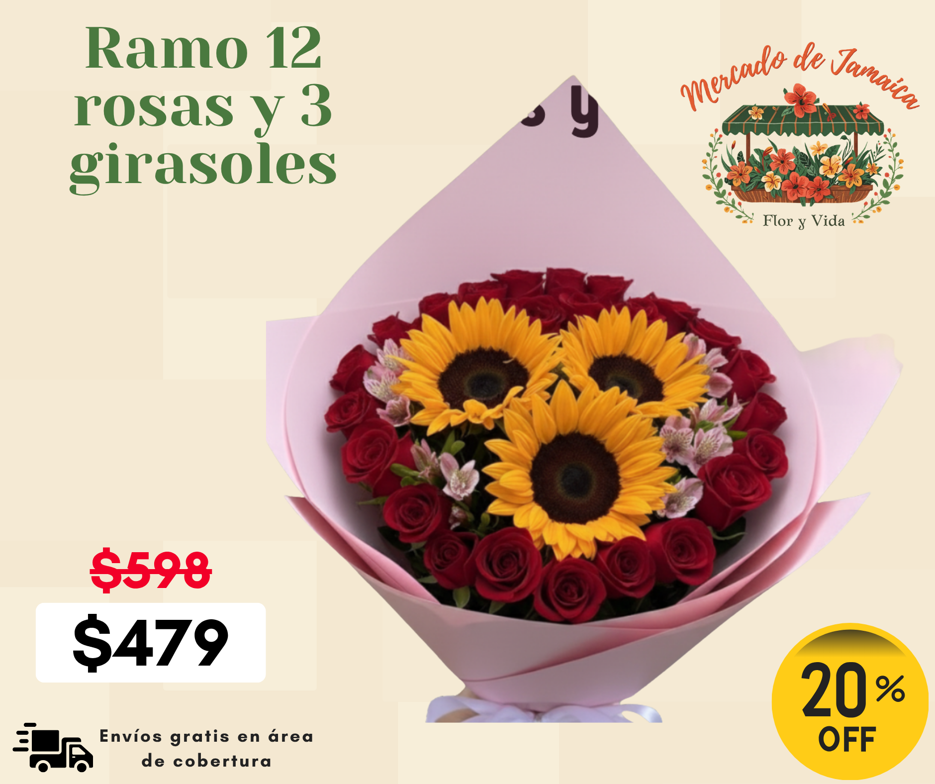 Ramo 12 rosas y 3 girasoles_0
