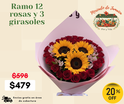 Ramo 12 rosas y 3 girasoles