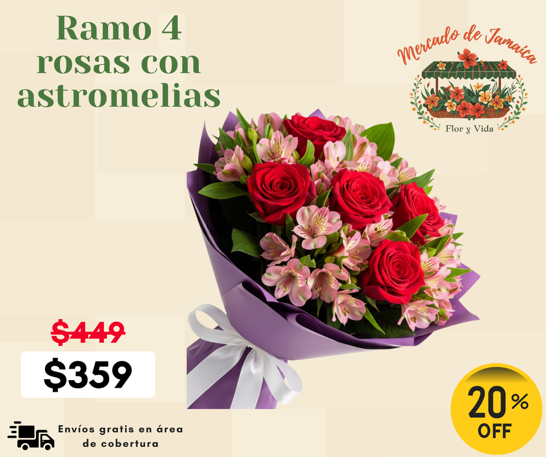 Ramo 4 rosas con astromelias