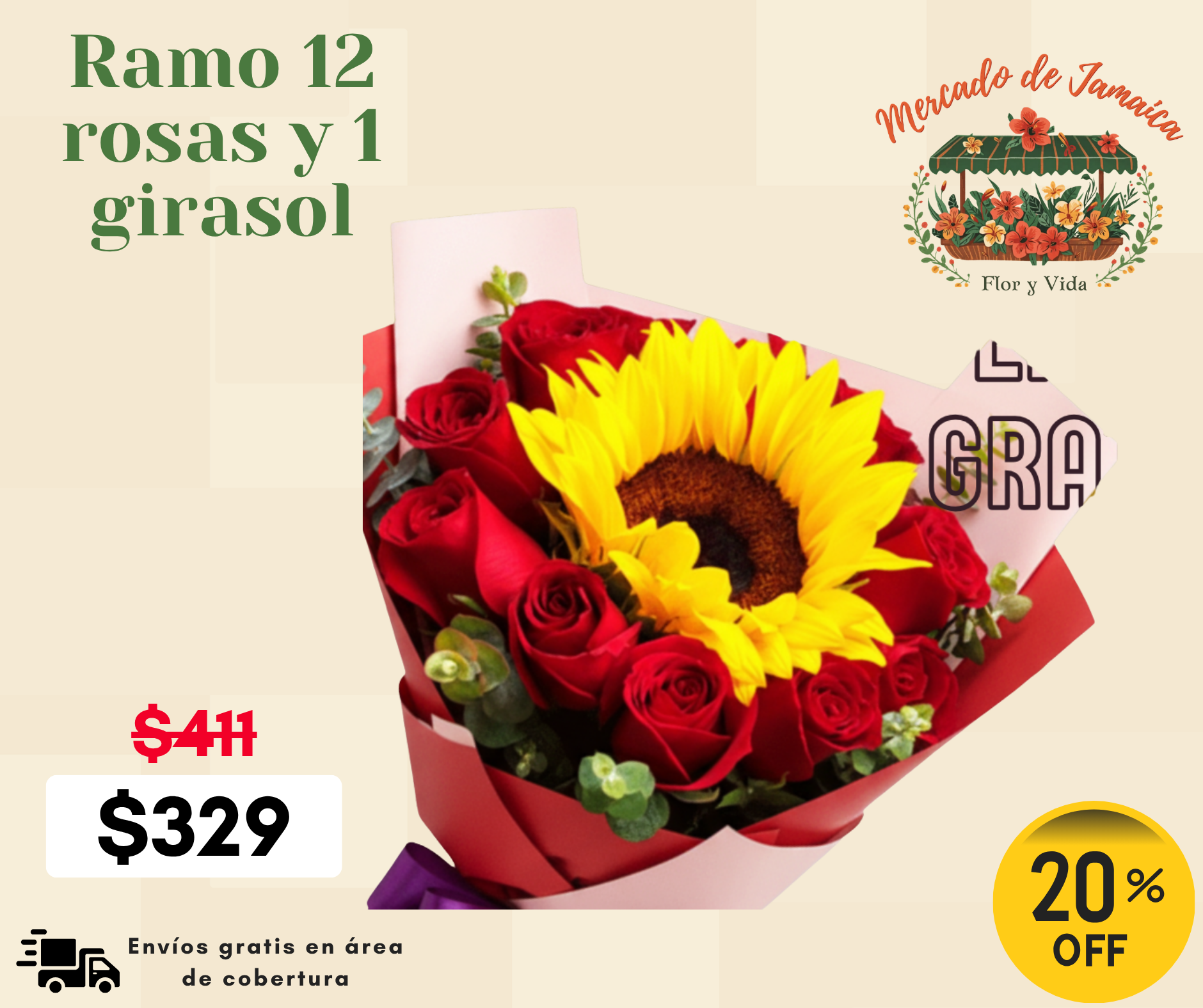 Ramo 12 rosas y 1 girasol_0
