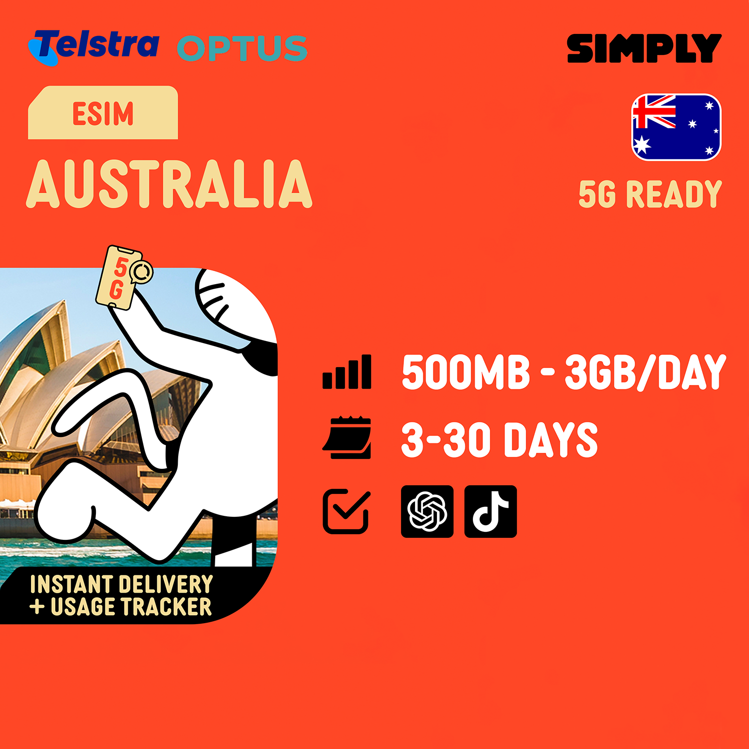 SIMPLY Australia eSIM | Up to 30 Days - Daily 500MB-3GB + Unlimited Data_0