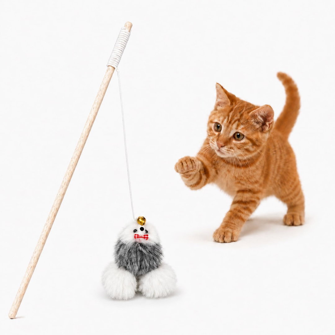 Emily pets Wooden Cat Teaser Wand Interactive Kitten Toy