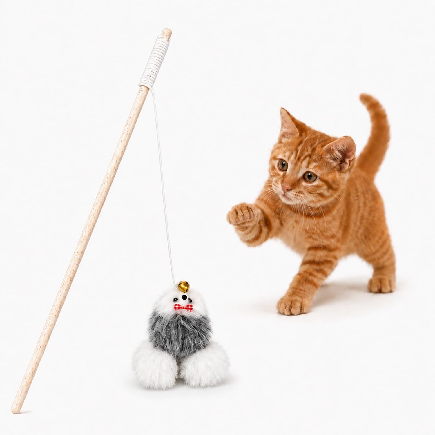Emily pets Wooden Cat Teaser Wand Interactive Kitten Toy