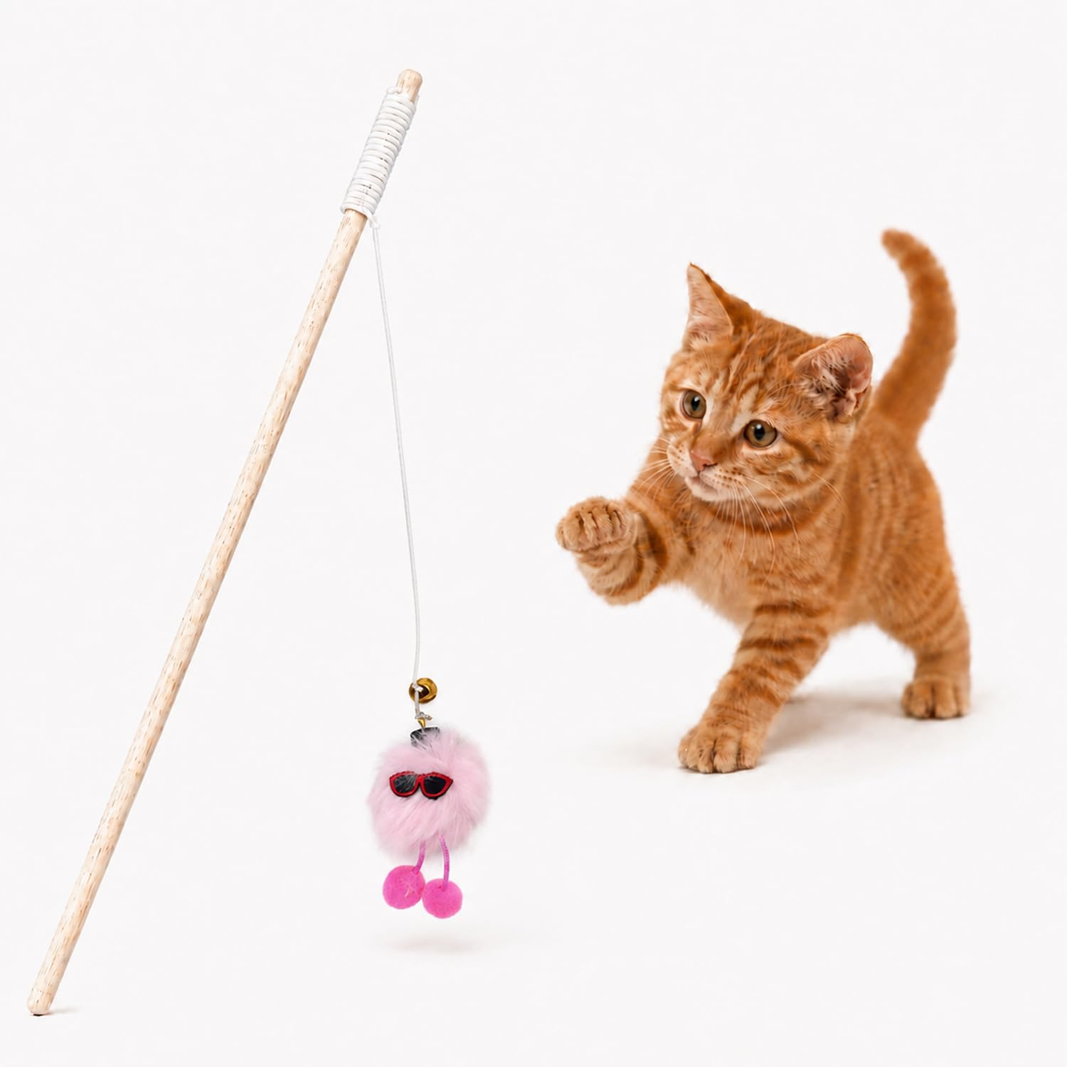 Emily pets Wooden Cat Teaser Wand Interactive Kitten Toy