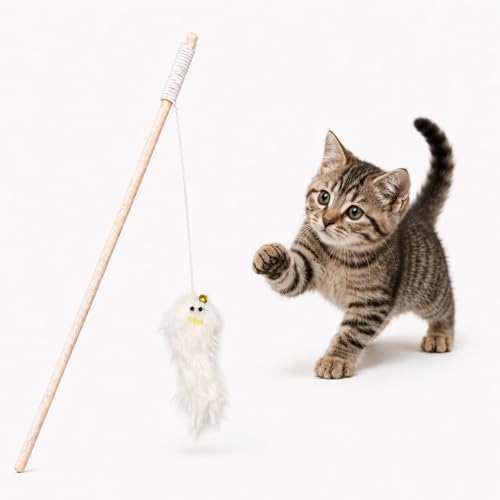 Emily pets Wooden Cat Teaser Wand Interactive Kitten Toy.