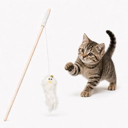 Emily pets Wooden Cat Teaser Wand Interactive Kitten Toy.