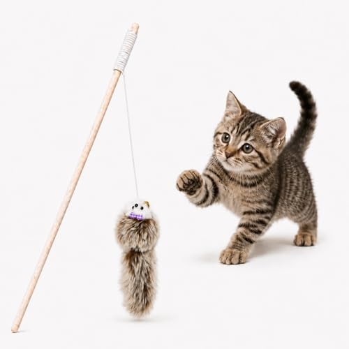 Emily pets Wooden Cat Teaser Wand Interactive Kitten Toy