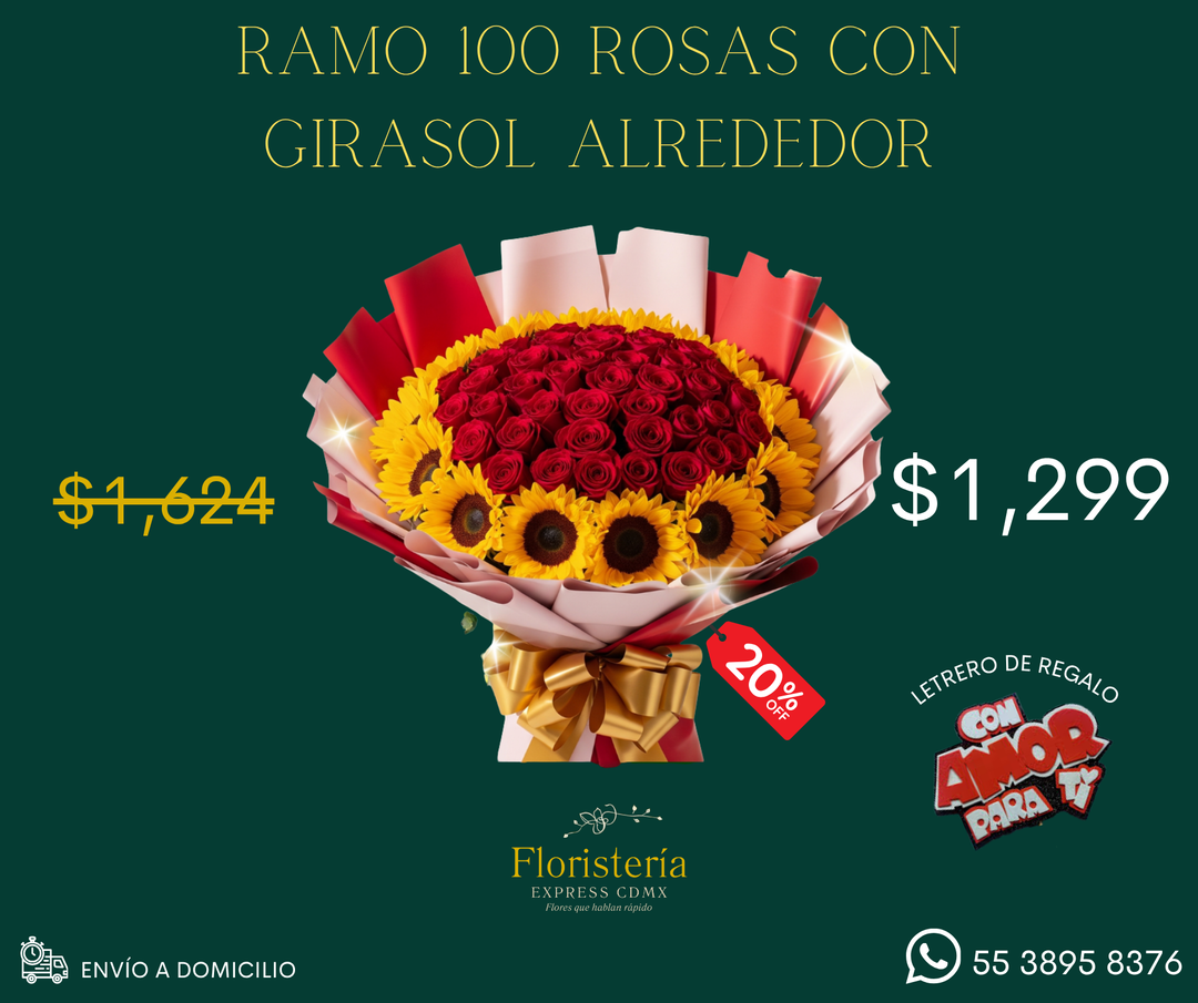 Ramo 100 rosas con girasol alrededor