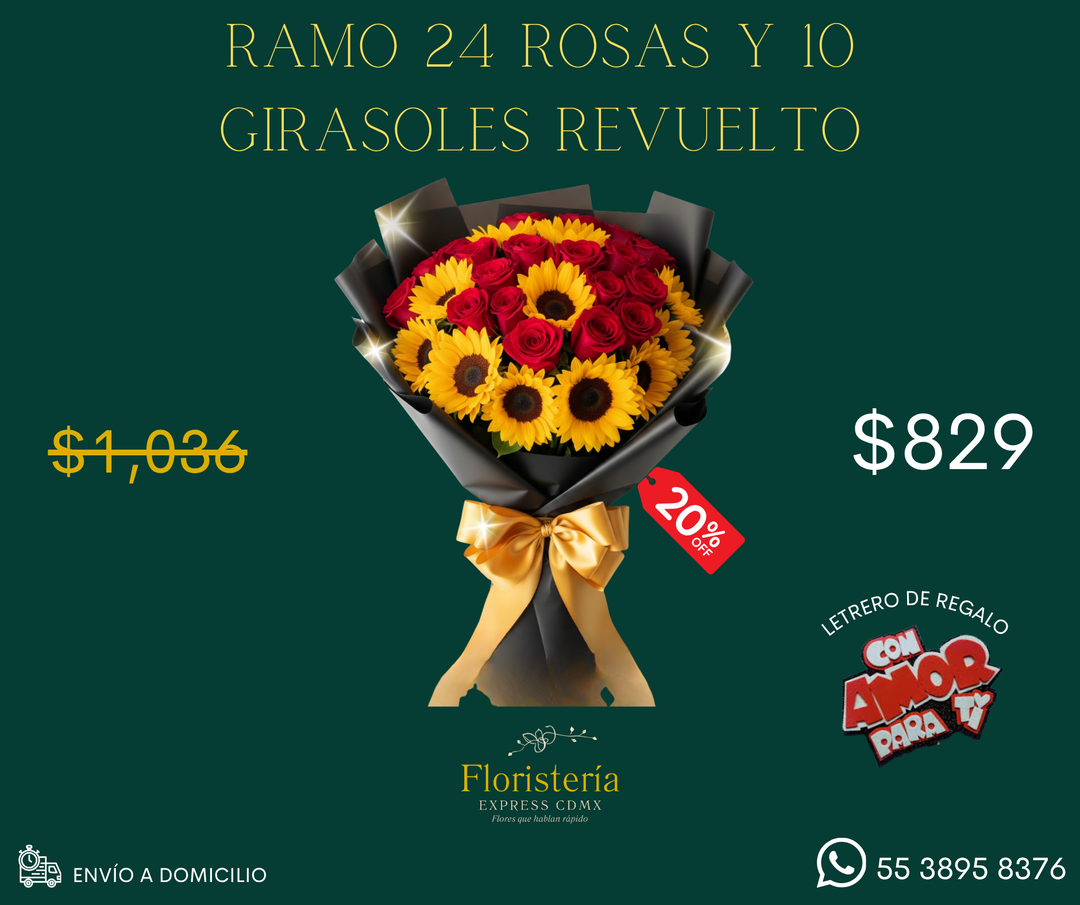 Ramo 24 rosas y 10 girasoles revuelto