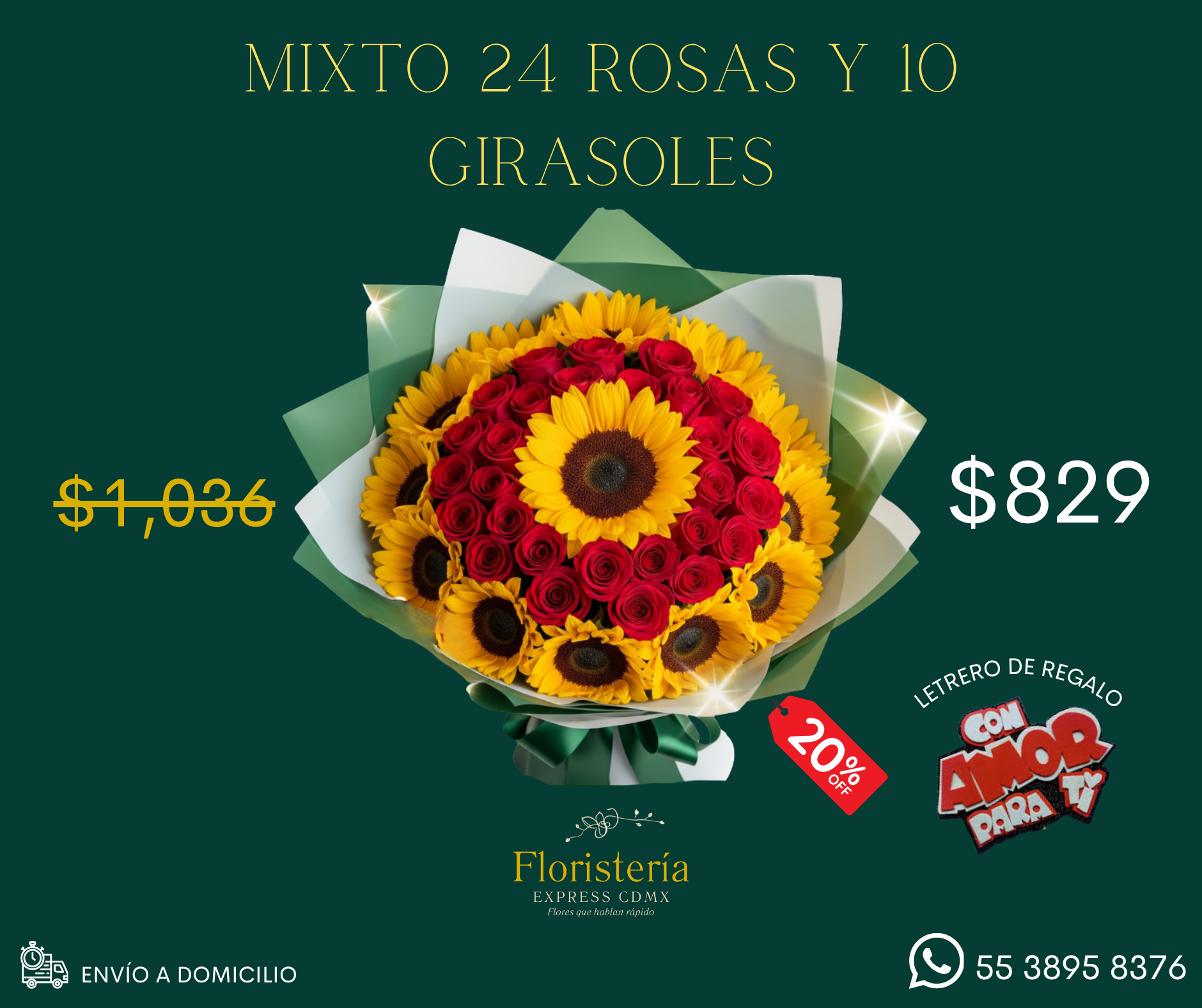 Mixto 24 rosas y 10 girasoles_0