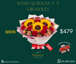 Ramo 12 rosas y 3 girasoles