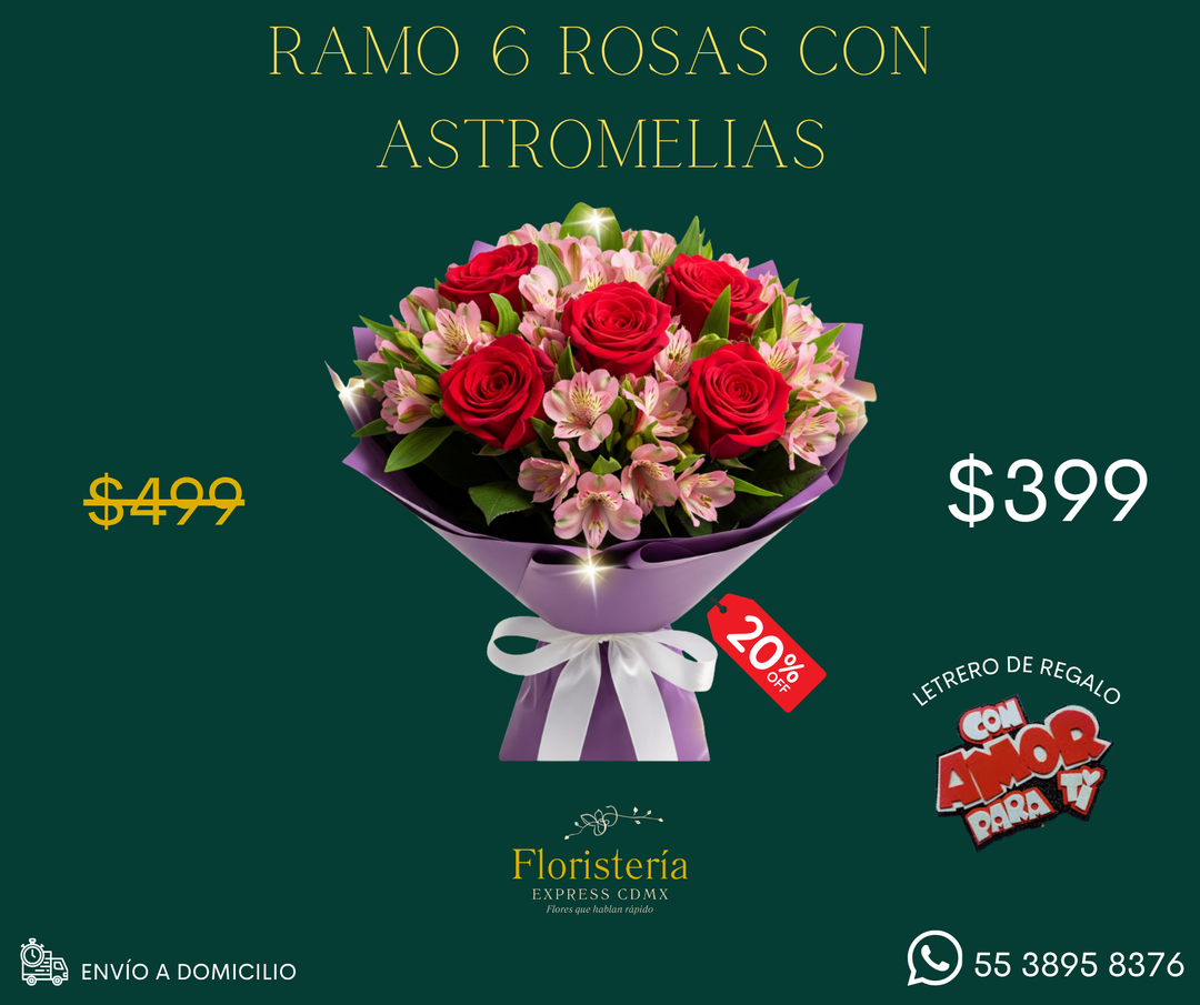 Ramo 6 rosas con astromelias