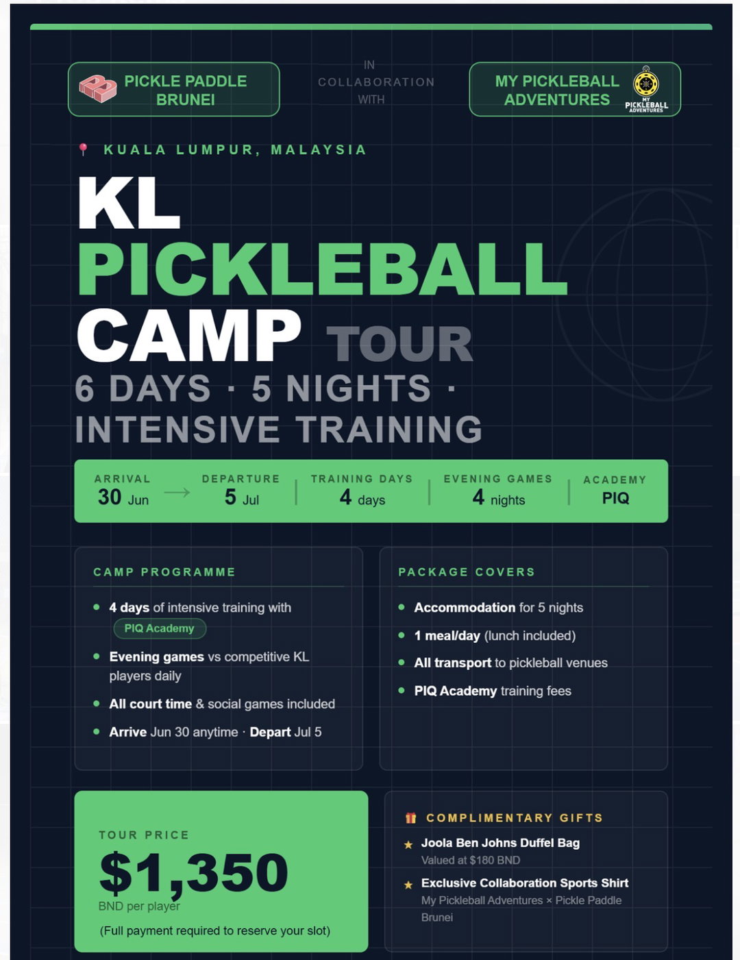 KL Pickleball Camp Tour - 6 Days / 5 Nights - 30th June - 5th July