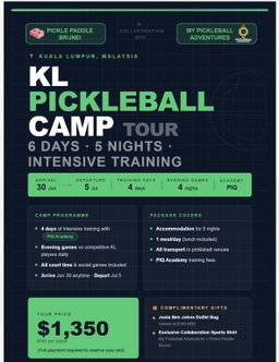 KL Pickleball Camp Tour - 6 Days / 5 Nights - 30th June - 5th July