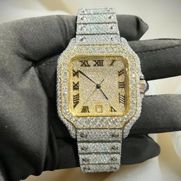 Men's Two-Tone Moissanite Watch, Iced Out Roman Dial Hip Hop Bracelet