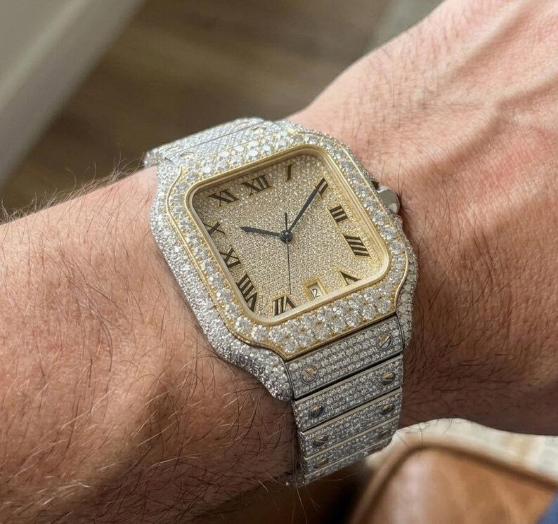 Men's Two-Tone Moissanite Watch, Iced Out Roman Dial Hip Hop Bracelet_2