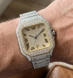 Men's Two-Tone Moissanite Watch, Iced Out Roman Dial Hip Hop Bracelet