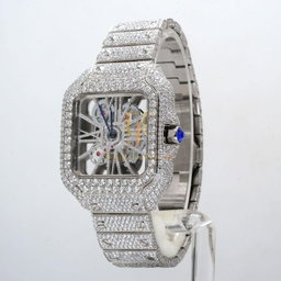 23.35CT Iced Out Round Cut Moissanite Diamond Watch, Fancy Custom Made Skeleton Square Dial Watch, Full Diamond Party Wear Watch For Him