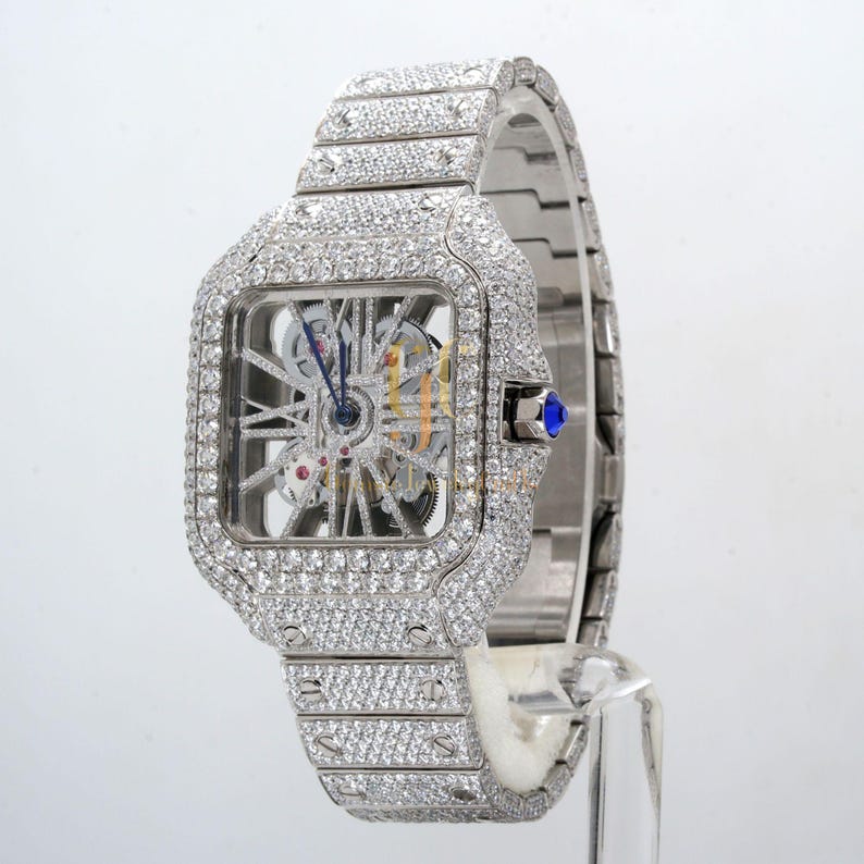 23.35CT Iced Out Round Cut Moissanite Diamond Watch, Fancy Custom Made Skeleton Square Dial Watch, Full Diamond Party Wear Watch For Him_2