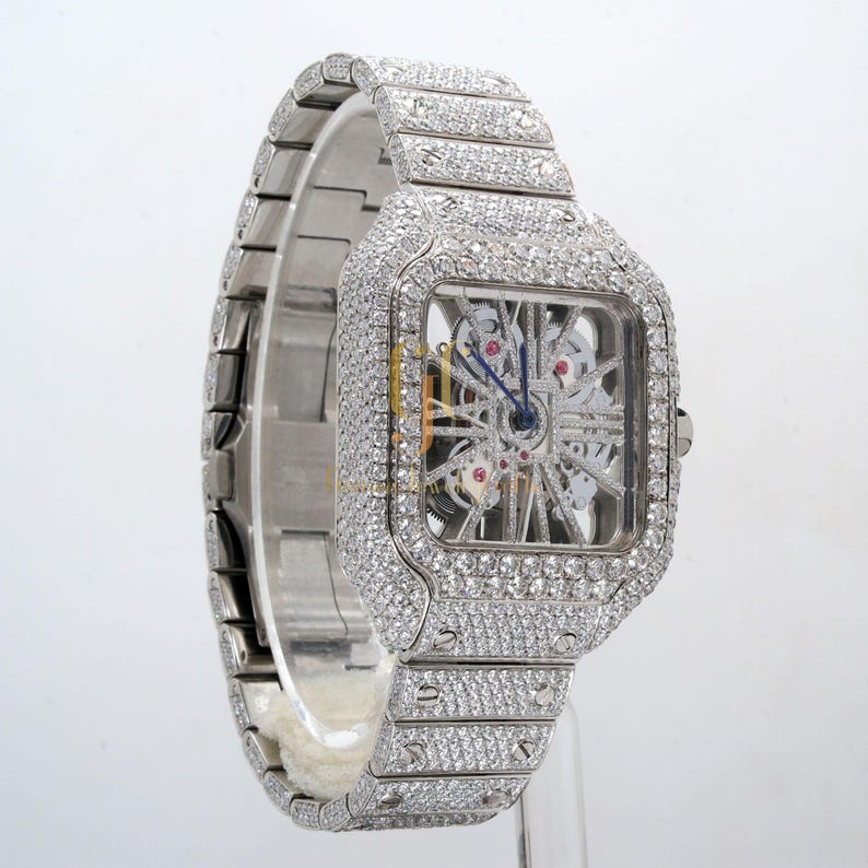 23.35CT Iced Out Round Cut Moissanite Diamond Watch, Fancy Custom Made Skeleton Square Dial Watch, Full Diamond Party Wear Watch For Him_1