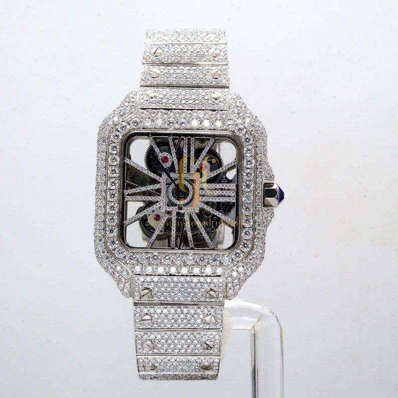23.35CT Iced Out Round Cut Moissanite Diamond Watch, Fancy Custom Made Skeleton Square Dial Watch, Full Diamond Party Wear Watch For Him_0