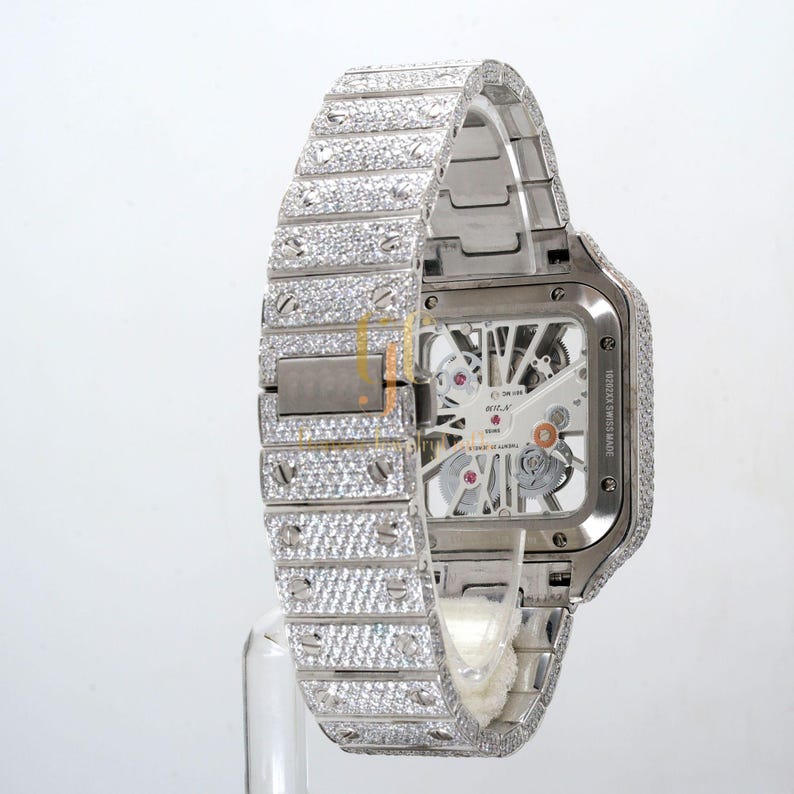 23.35CT Iced Out Round Cut Moissanite Diamond Watch, Fancy Custom Made Skeleton Square Dial Watch, Full Diamond Party Wear Watch For Him_6